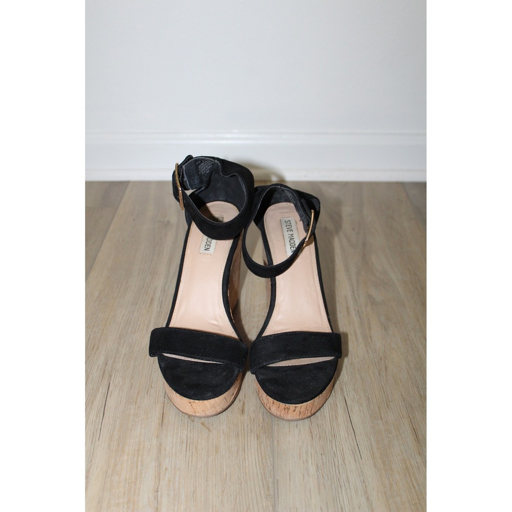 Steve Madden Visible Black Suede Cork Platform Wedge Sandals Women Size 8M